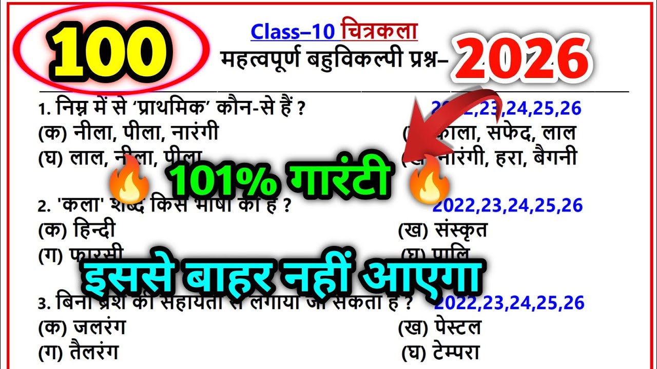 Class 10 चित्रकला के सभी महत्वपूर्ण प्रश्न 2026,art ke question answer 2026,mcq class 10 up board