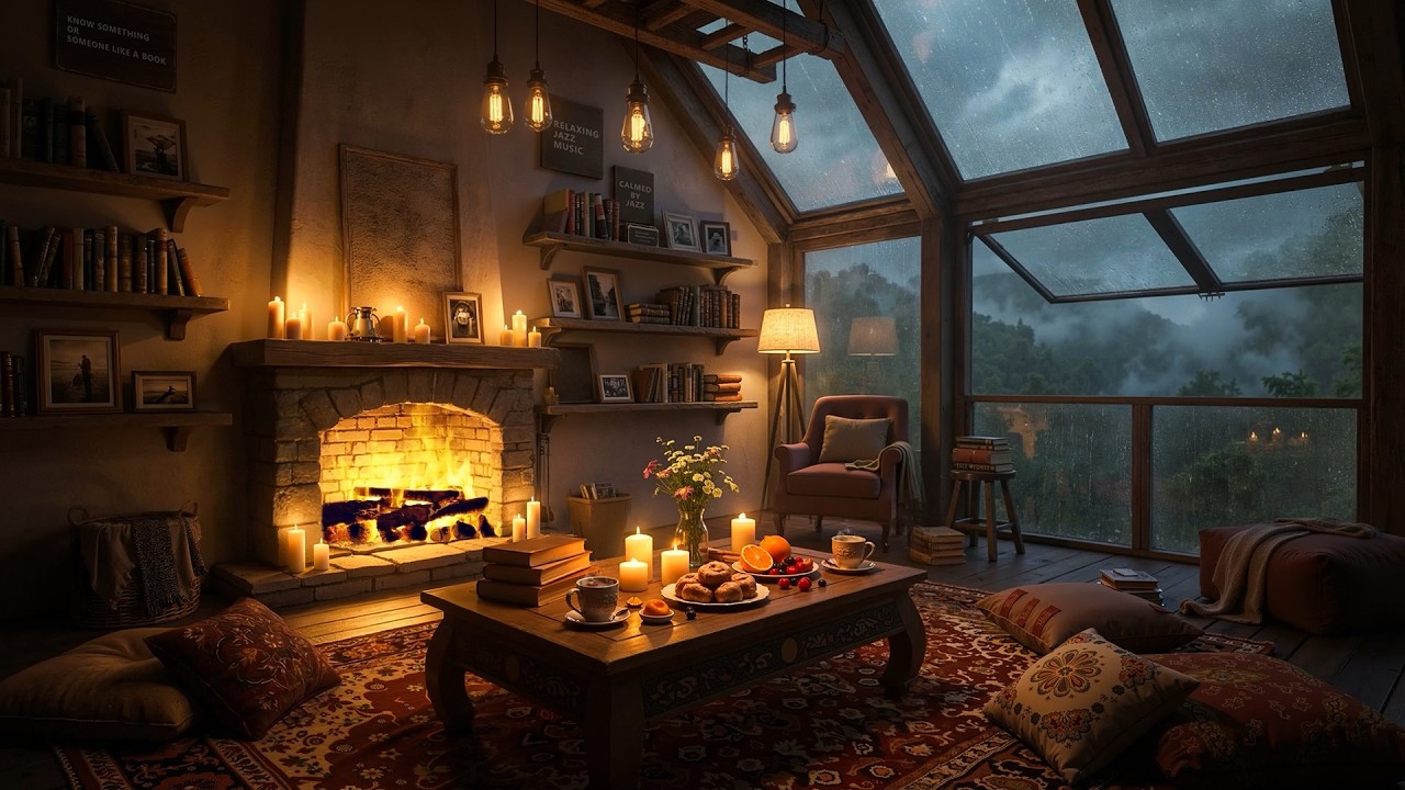 Cozy Hidden Cabin on Rainy Night 🌧️ Relaxing Piano Jazz & Nature Sounds for Study, Work, Focus