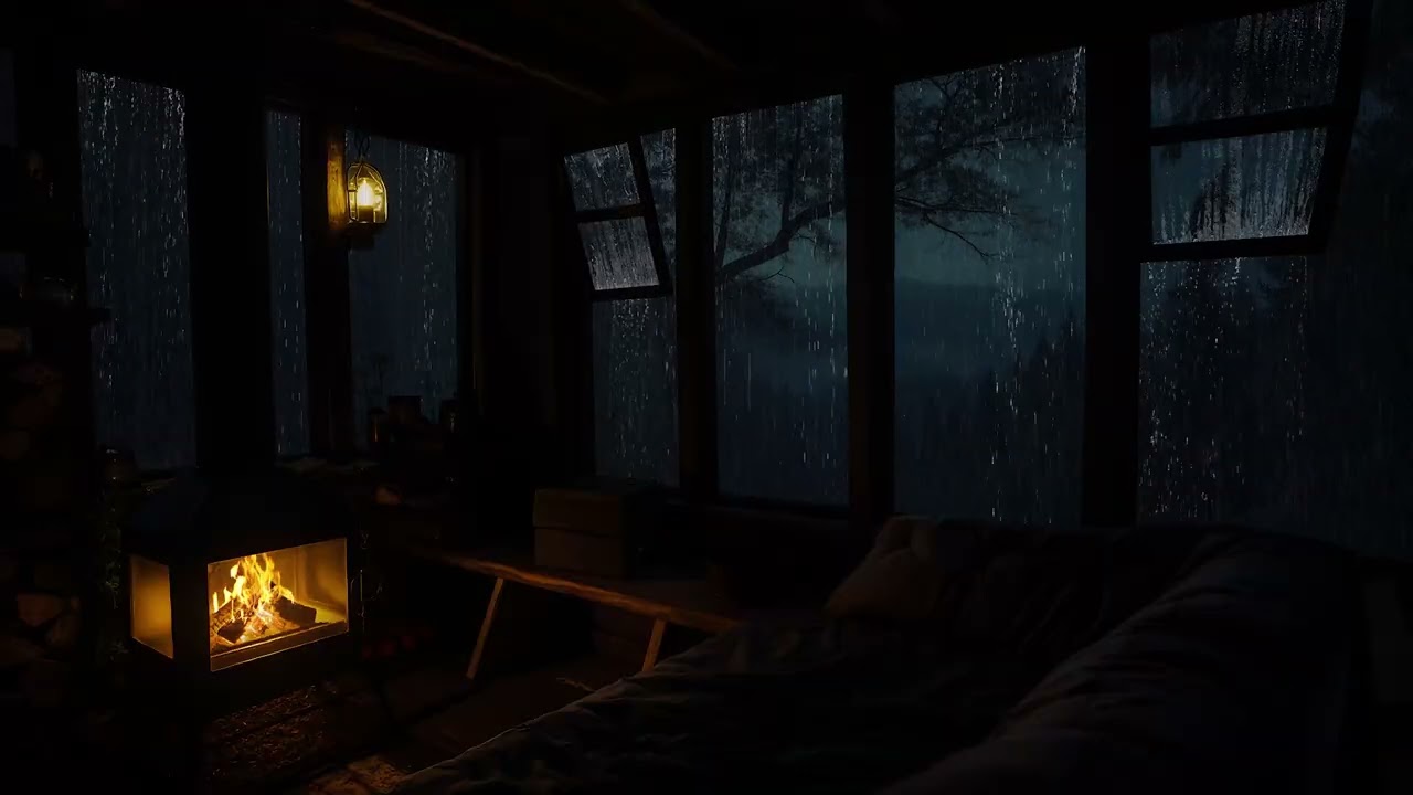 Cozy Cabin at Night | Comforting Rain Sounds and Fireplace for Insomnia