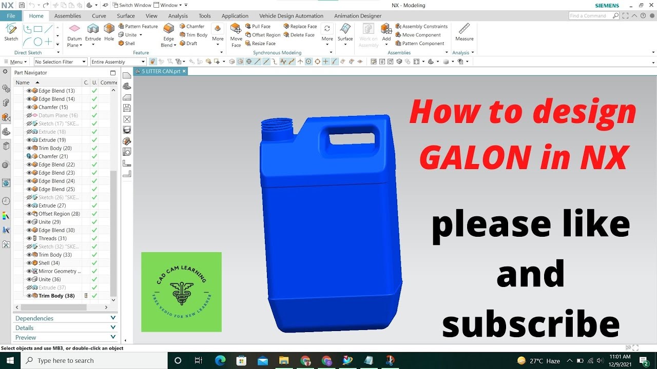 NX CAD | 5 LITTER PLASTIC CAN | CAD CAM LEARNING.