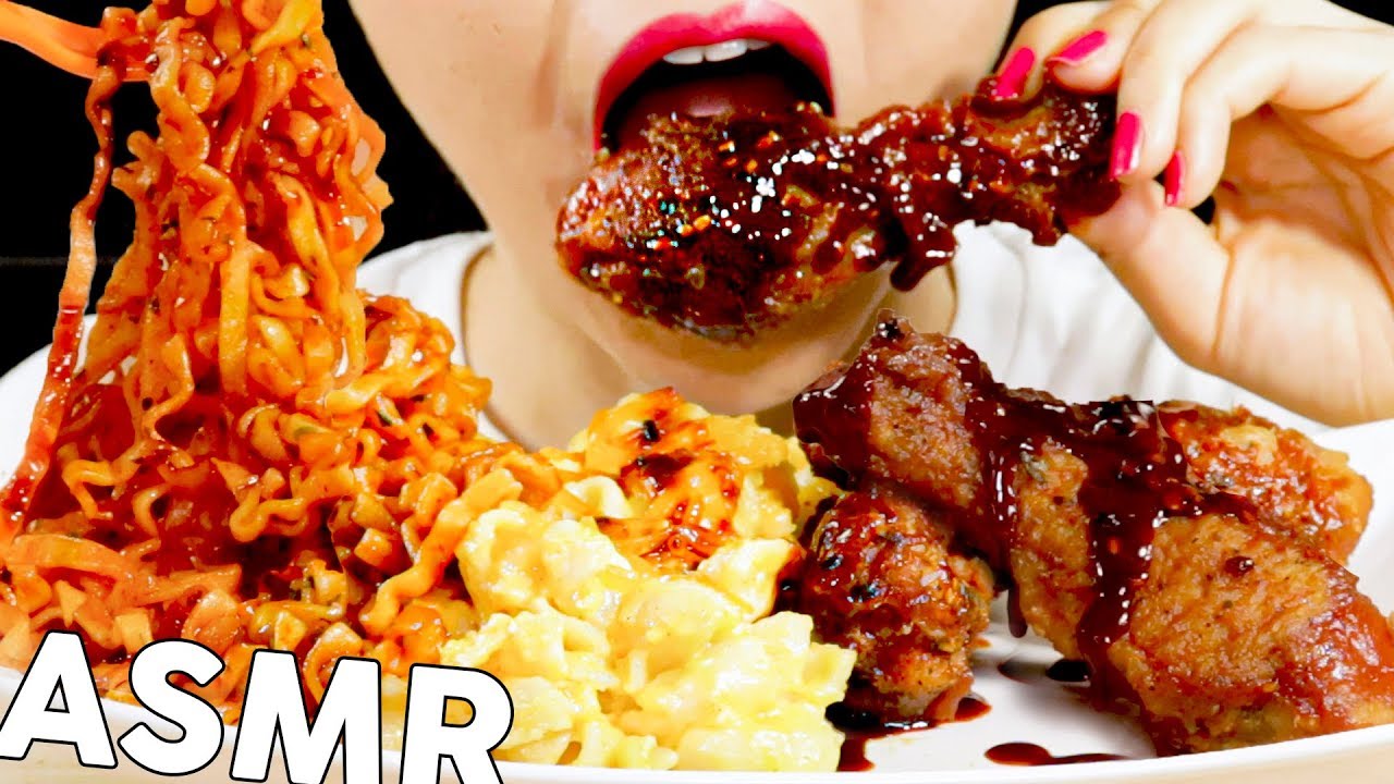 ASMR Spicy Fried Chicken, Mac&Cheese, Carbo Fire Noodles 불닭소스치킨, 맥앤치즈, 까르보불닭볶음면 먹방 | MINEE EATS