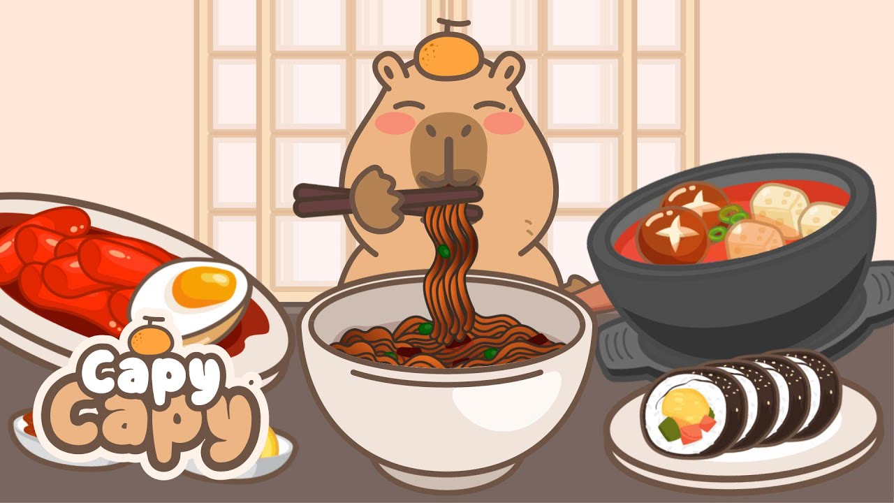 Capy Capy / Capybara cartoon / Jajangmyeon, tteokbokki, kimbap, spicy soup / ASMR mukbang