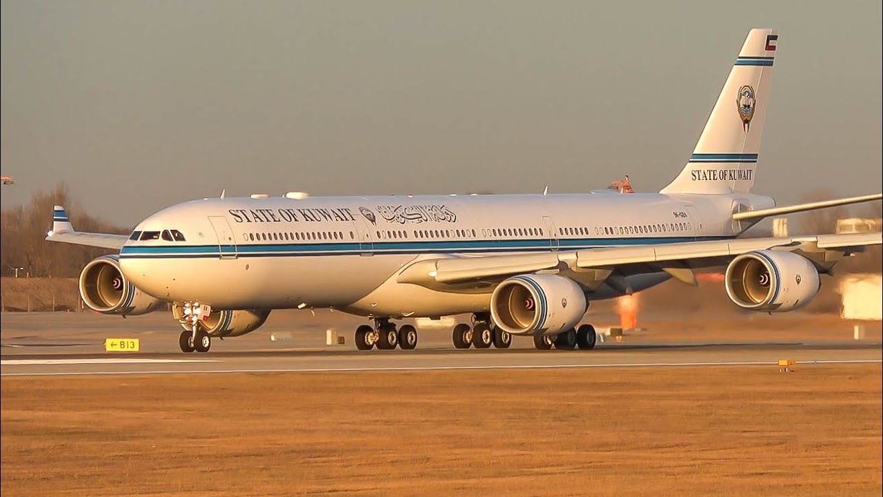 (4K) State of Kuwait A340-500 landing and Golden take-off at Munich airport