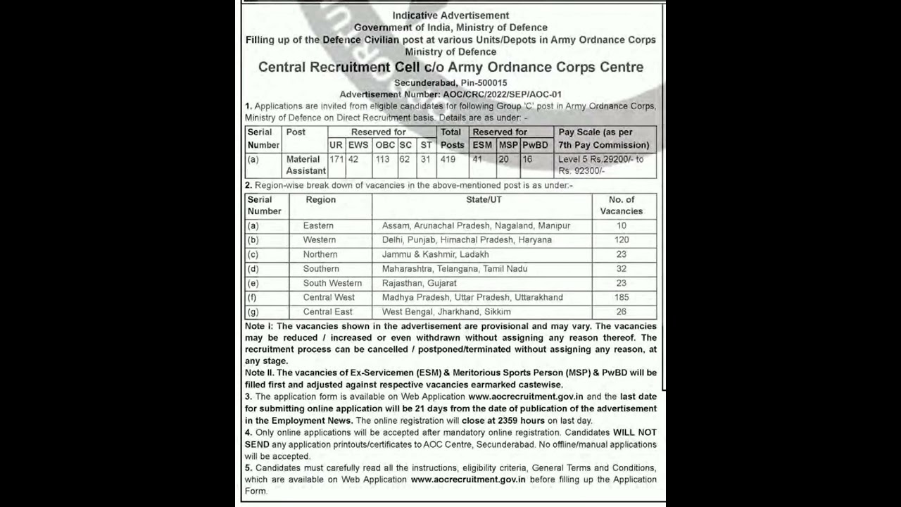 Various Vacancies of Material Assistant in Army Ordnance Corps Centre...