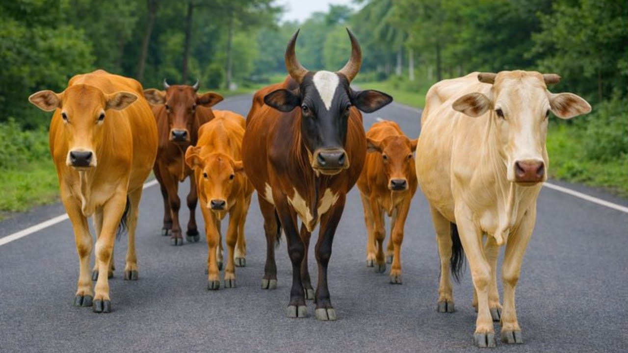 Puluhan sapi lembu jinak di desa berjalan dengan tenang melewati bukit menuju ke ladang