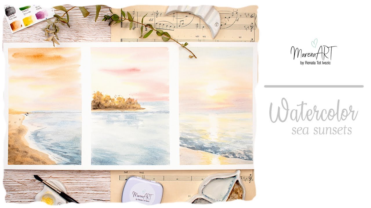 Three different ways to paint watercolor sunset seascapes - for beginners