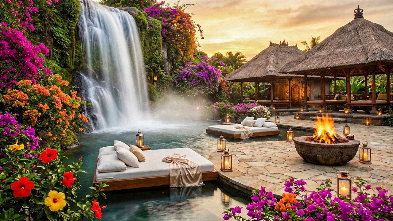 Serenity Awaits 🌿 Soothing Waterfall Sounds, Campfire Warmth, and Tropical Birdsong