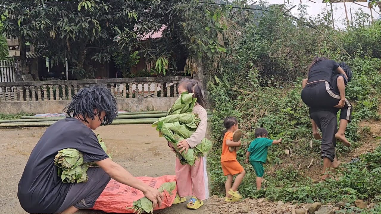 The woman's leg hurt and she couldn't walk. The man and two children found her and carried her home