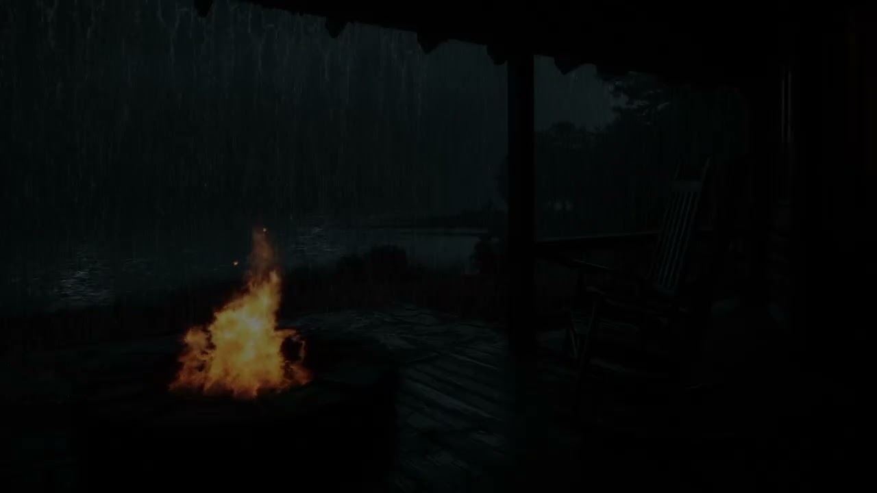 Heavy Rain & Gentle Thunder Cozy Porch | Campfire Glow for Deep Sleep – 3 Hours No Ads 🌧️🔥