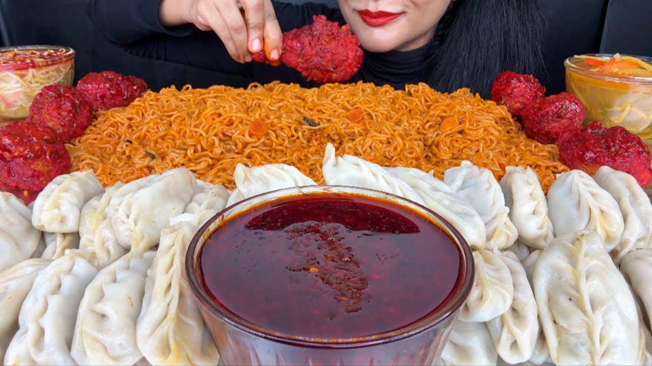 ASMR EATING SPICY NOODLES,CHICKEN MOMO,THUPKA,KOREAN FRIED CHICKEN