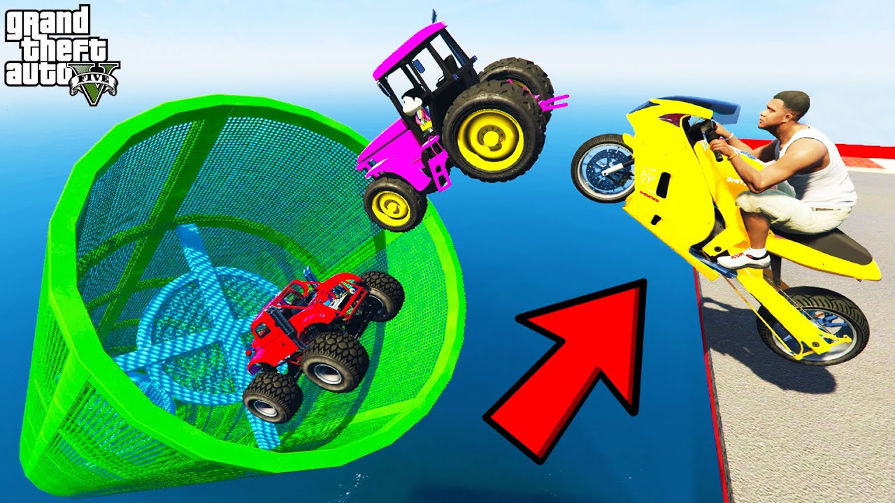 FRANKLIN TRIED IMPOSSIBLE RAMP JUMP INTO TUNNEL PARKOUR CHALLENGE CAR BIKE GTA 5 | SHINCHAN and CHOP
