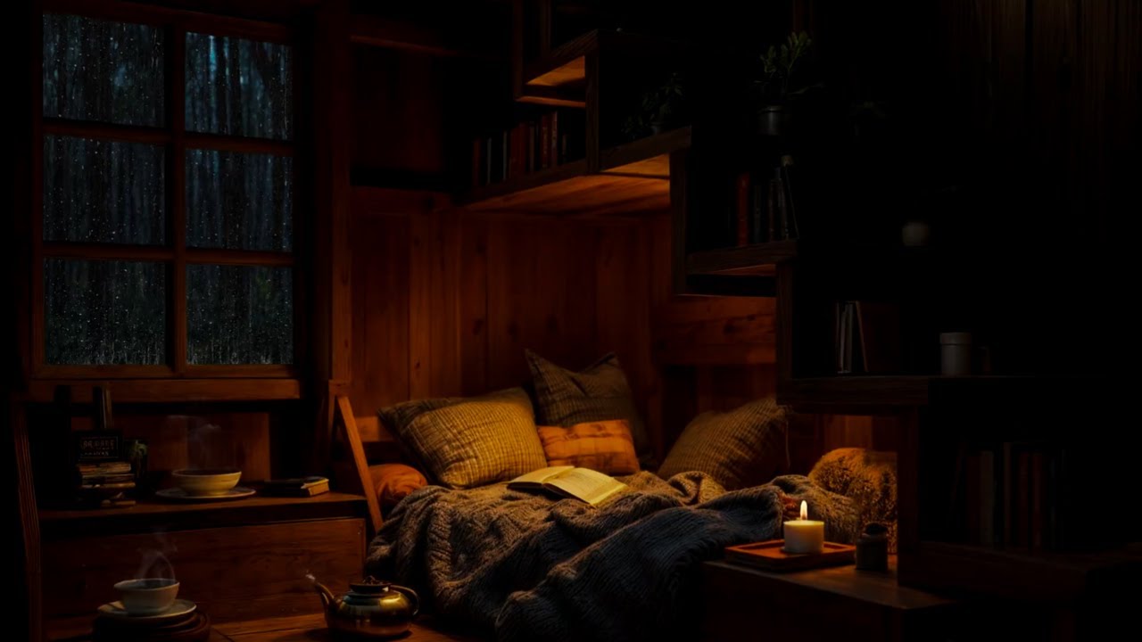 Under the Stairs on a Rainy Night – Warm Cabin Nook for Reading & Rest