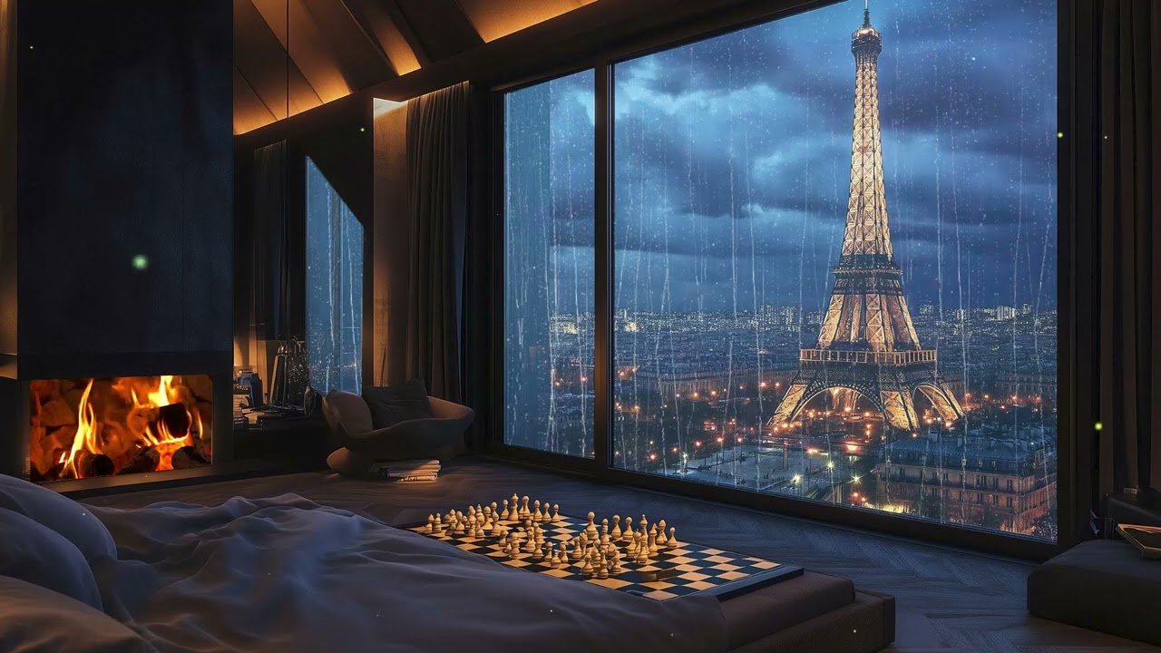 Raindrops on the Window, City Lights Beyond — A Cozy Evening Sipping Coffee Fire  Eiffel Tower View