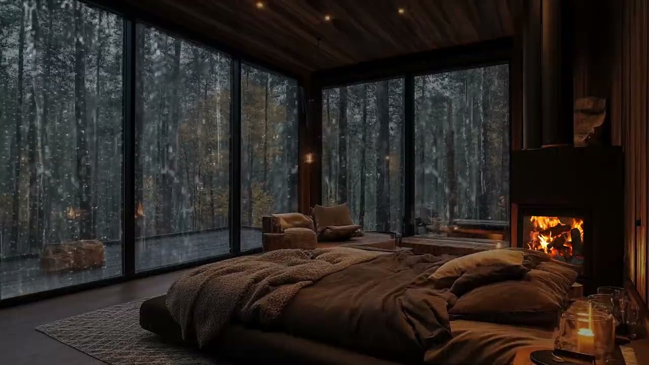 Fall Asleep Faster and Stress Relief with Heavy Rain & Fireplace Sounds in a Cozy Forest Cabin