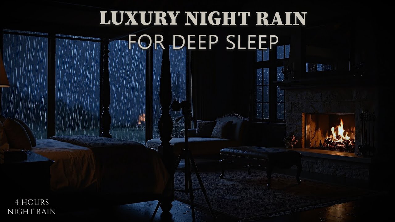Dark Luxury Bedroom with Gentle Night Rain & Fireplace | Calm Sleep Atmosphere
