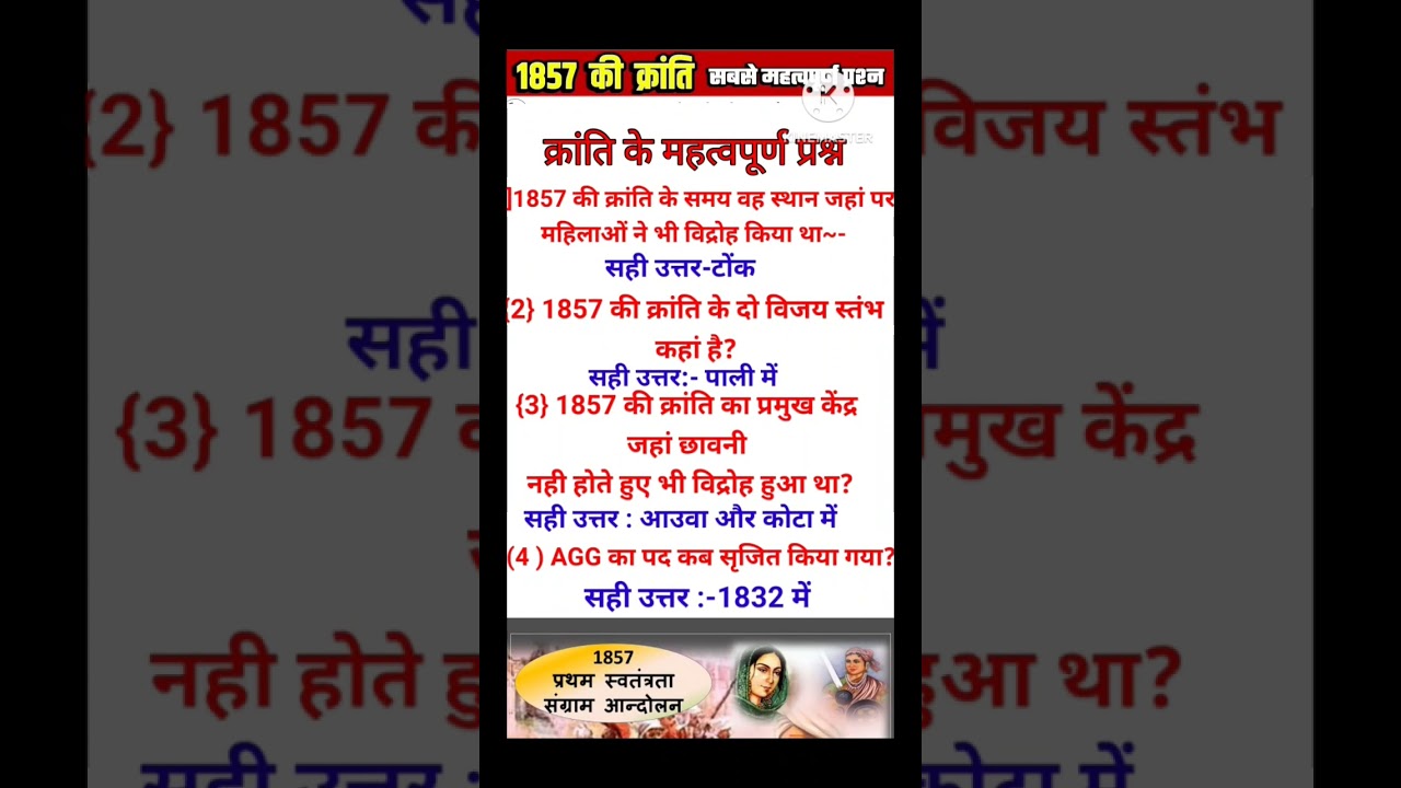 1857 ki Kranti। 1857 की क्रांति Revolt of 1857Rajasthan gk question and answer