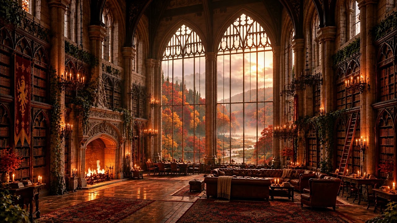 A Grand Castle Library at Autumn Sunset 🍂🔥 | Cozy Medieval Ambience (4 Hours)