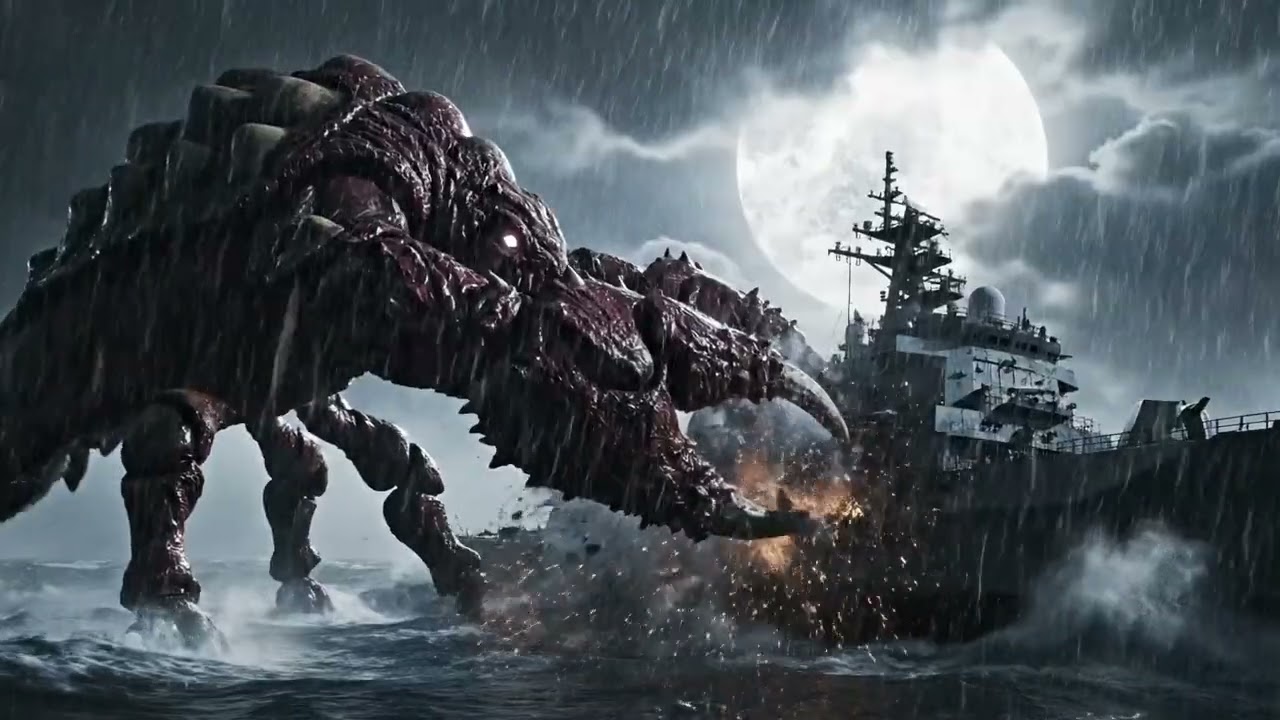 “Sea Titan vs. Warship – When Giant Monsters Rise in the Storm”