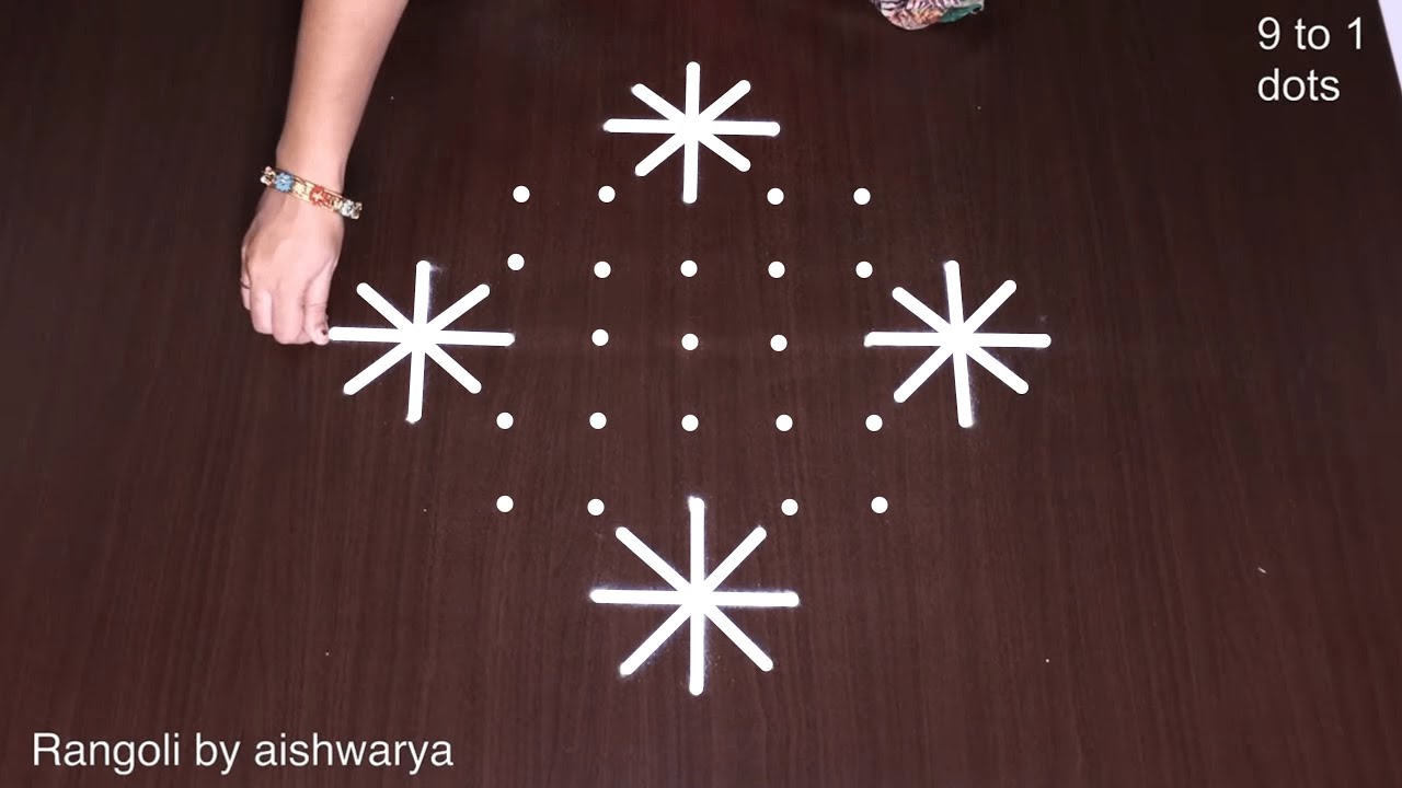 Simple Rangoli Designs Chukki | Kolam With 9x1 Dots Perfect Muggulu