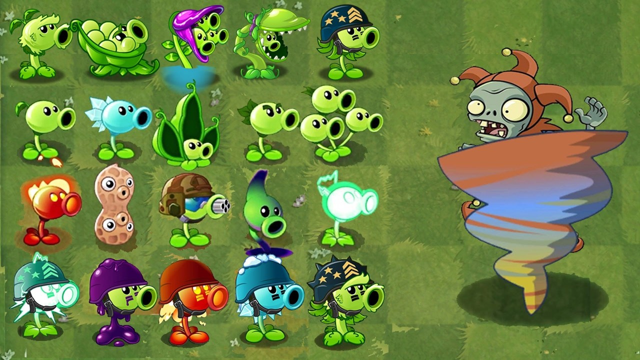 Pvz 2 Challenge - All Pea & Mega Plants Vs Jester Zombie (Normal & Power Up Attack)
