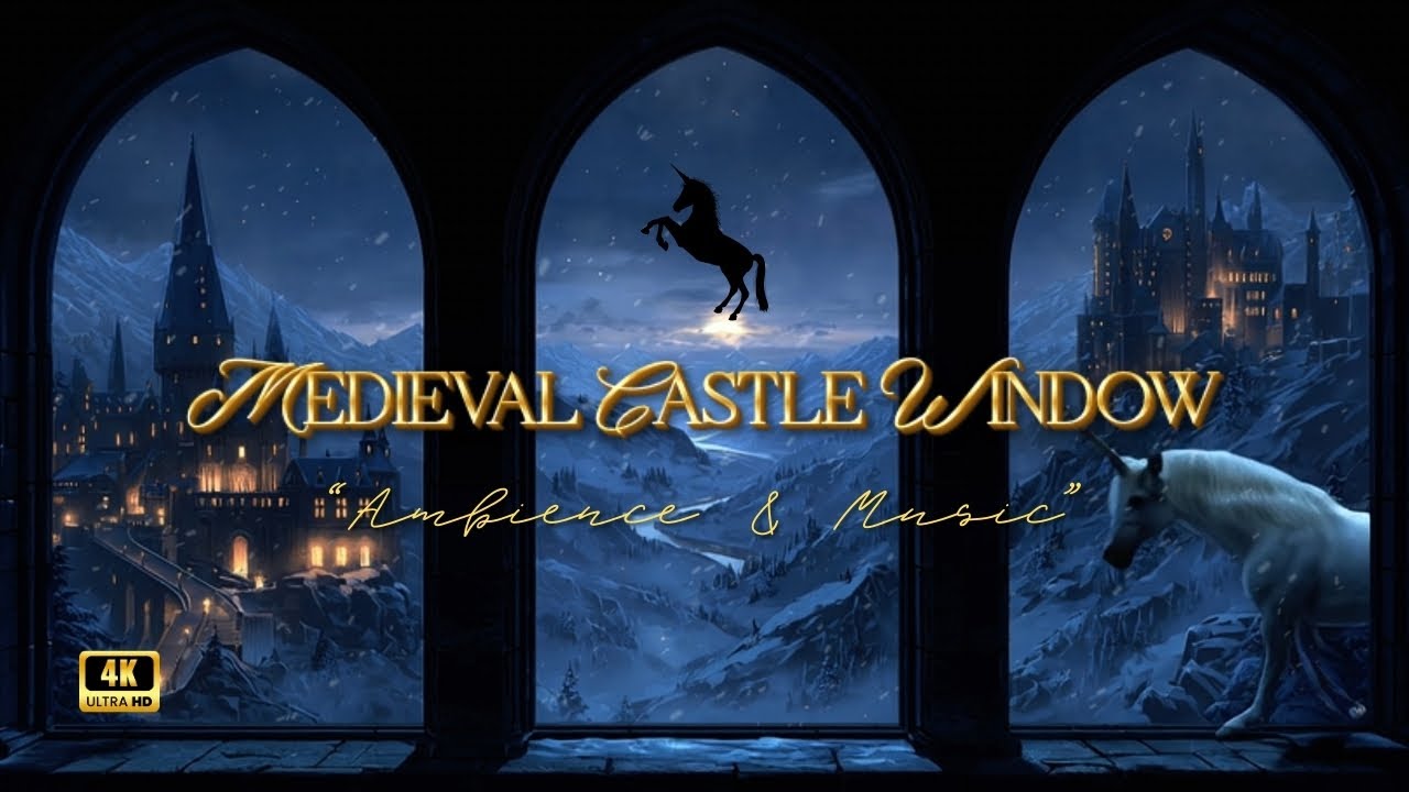Medieval Castle Window at Snowy Night | Fantasy Music & Unicorn Ambience