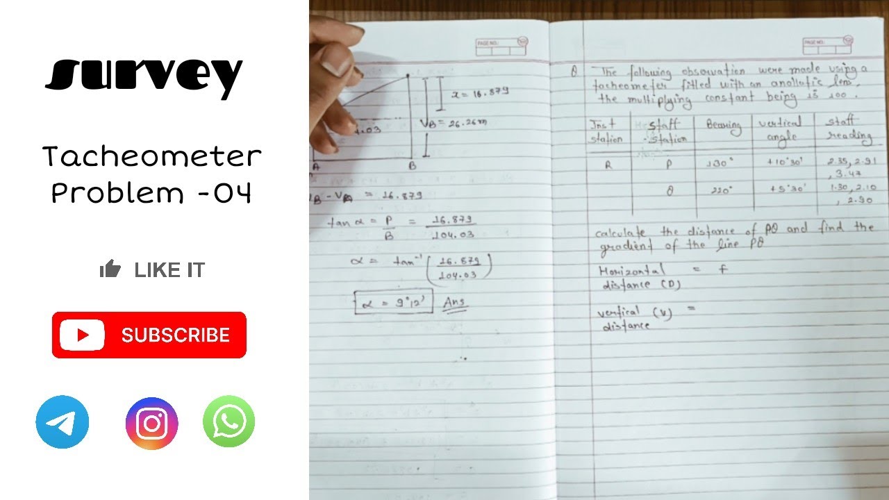 Tacheometer survey problem.Calculate the distance of PQ and find the gradient of the line PQ.