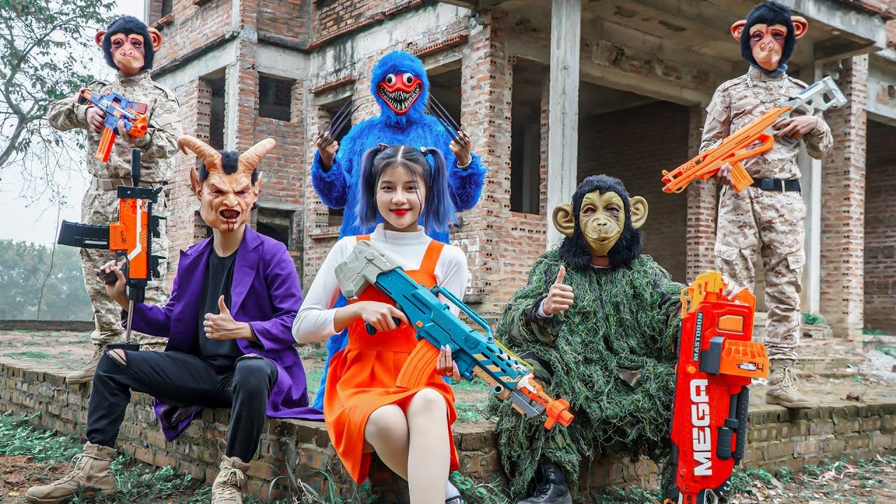 Mask Nerf War: Alpha Girl Nerf Guns King Monkey Fight Crime Monster Furious Battle Against Xicman!