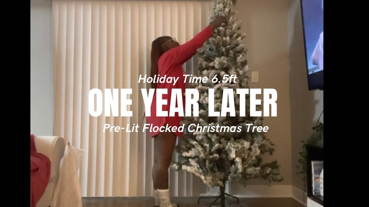 Holiday Time 6.5ft Pre-Lit Flocked Christmas Tree | One Year Later! | + How to set up!