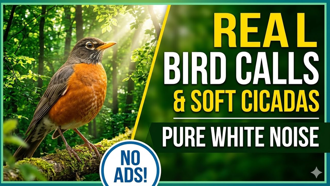 The Chorus of Real Bird Calls & Soft Cicadas | White Noise | No Ads