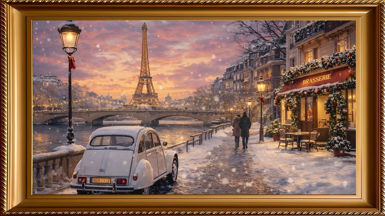 Romantic Christmas Paris Eiffel Tower 4K Art for TV (No Sound)