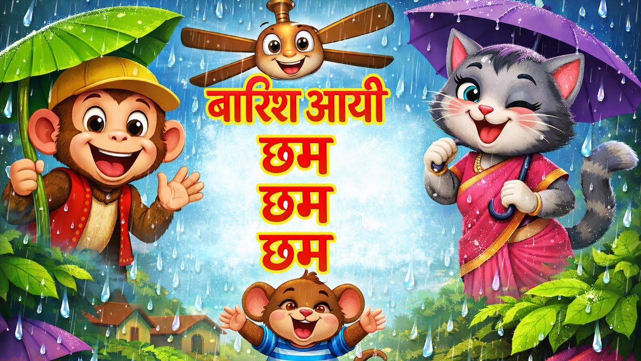 बारिश आई छम छम छम | Hindi Rhymes | Bandar Mama, Billi Mausi | Hindi Nursery Rhymes  | Kids Songs