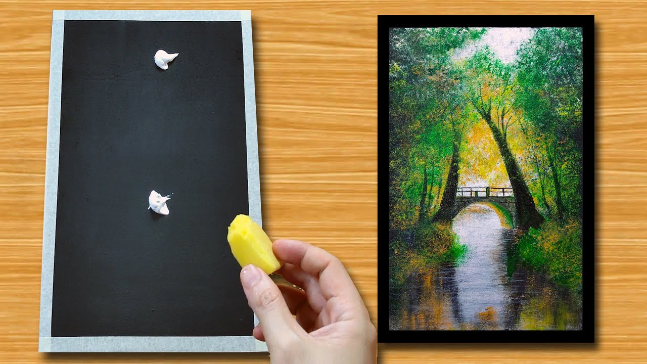How to paint Autumn on Black Canvas / Acrylic Painting for Beginners / Painting with sponge