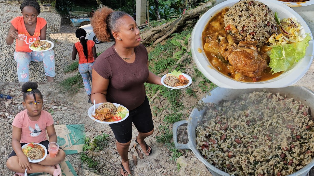 cooking my Sunday dinner on the work site | callaloo rice & beas with home style chicken