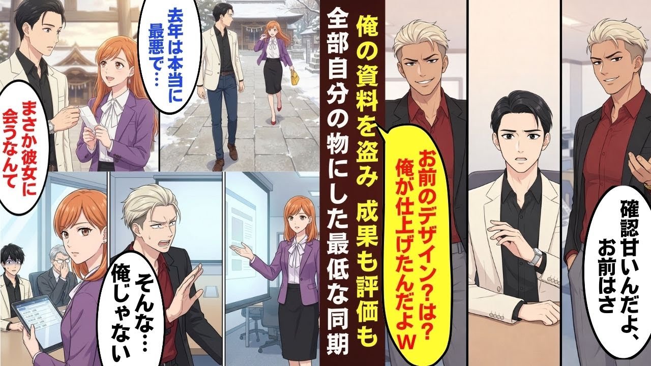 【漫画】同期にデザインを盗まれ評価が地に落ちた俺「確認甘いんだよ、お前ｗ」→遅れて行った初詣で取引先の美人担当と再会し人生が動き出す【マンガ動画】