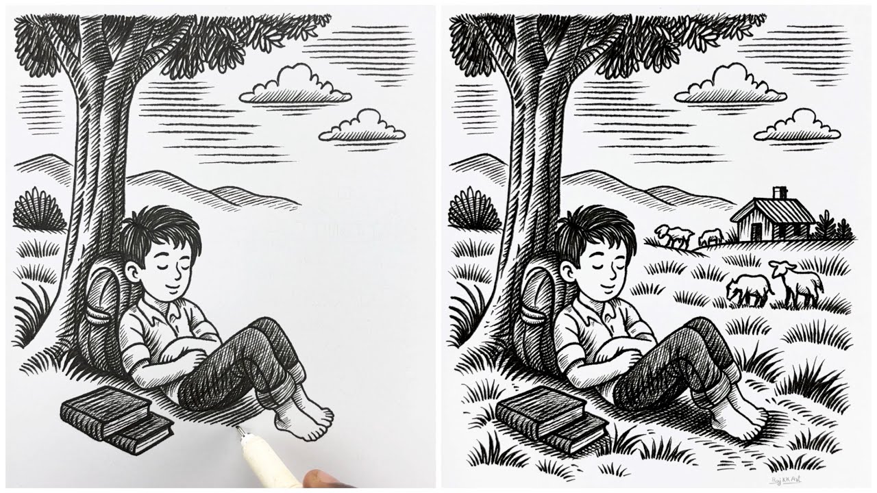 HOW TO DRAW Boy Sleeping Under Tree in a Peaceful Village Scene
