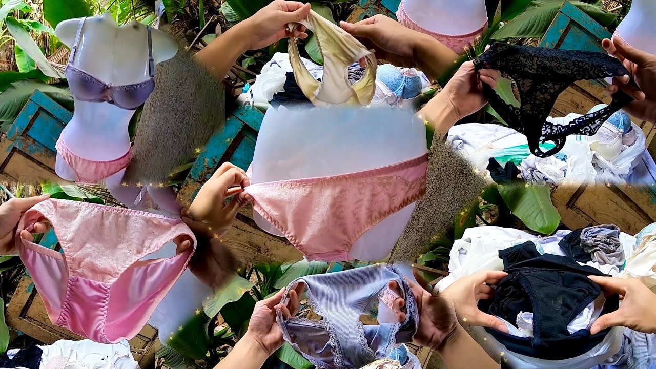 古い倉庫で、廃棄された女性用下着を仕分けしている。🗑️♻️-Sorting through discarded women's underwear in an old warehouse.🗑️♻️