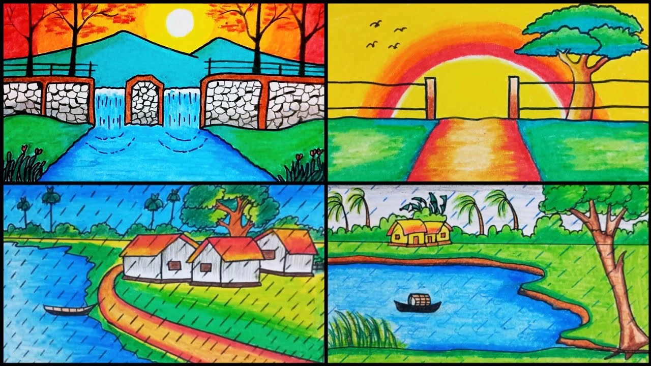 How to draw easy scenery | 4 easy colorful scenery drawings | Colorful drawing
