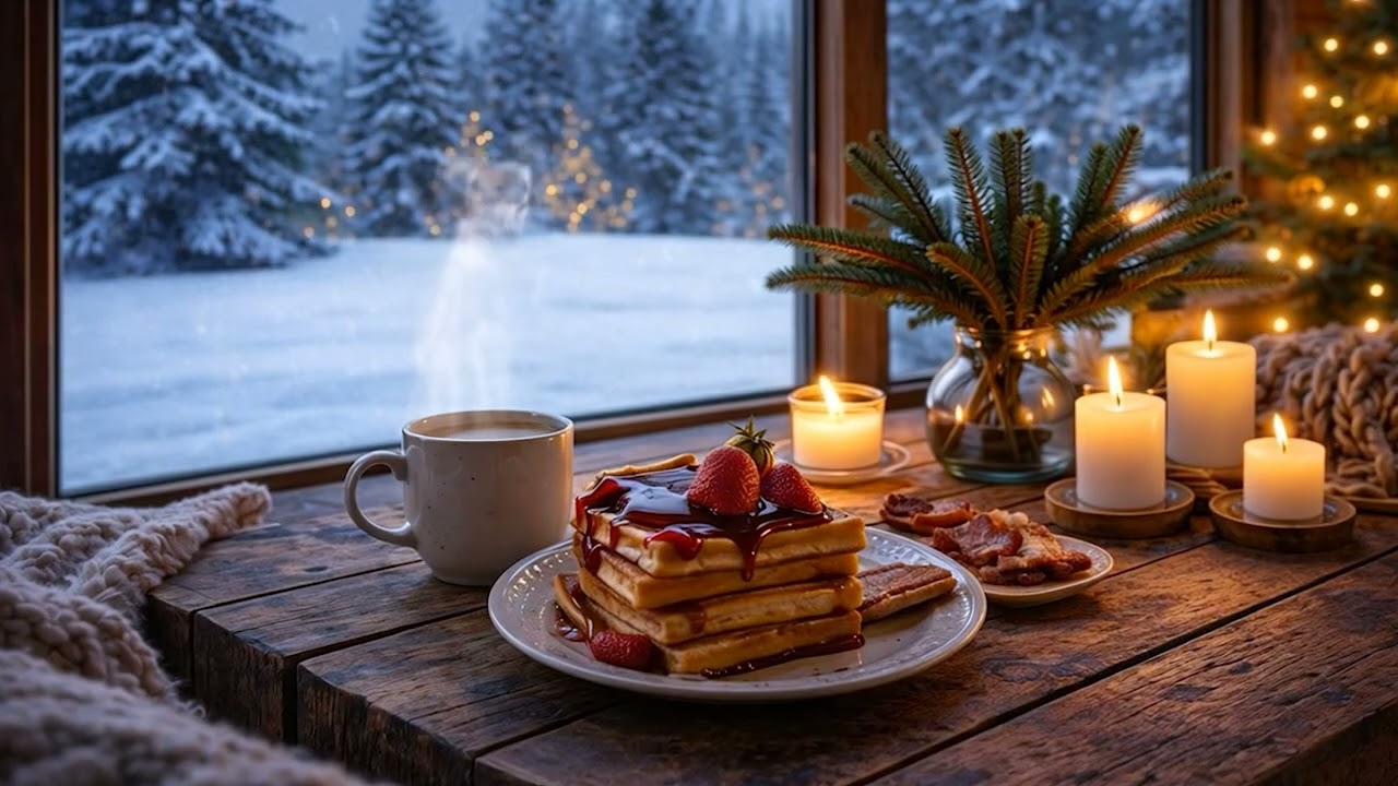 Snowfall at Cozy Winter Cabin Ambience ❄️ Slow Piano Music & Fireplace Sounds for Relaxation
