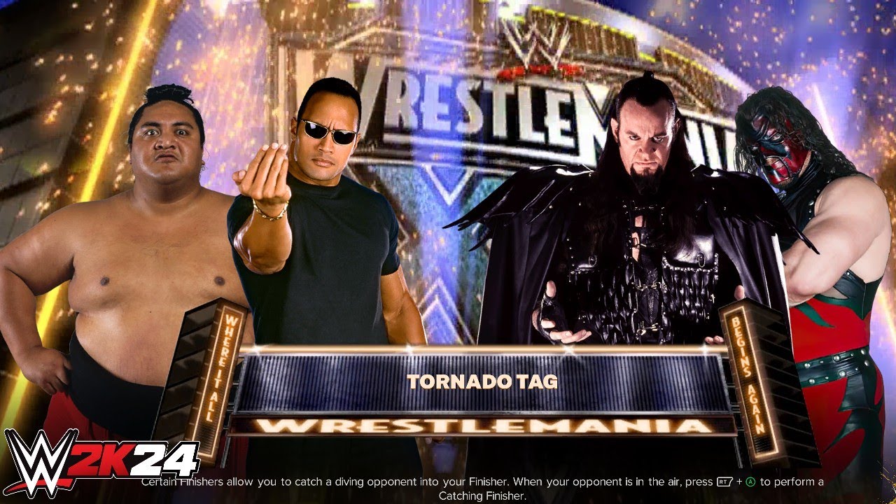 Full Match - Rock,Yokozuna vs Undertaker,Kane: Tornado Tag Match at Wrestlemania XX | WWE 2k24 