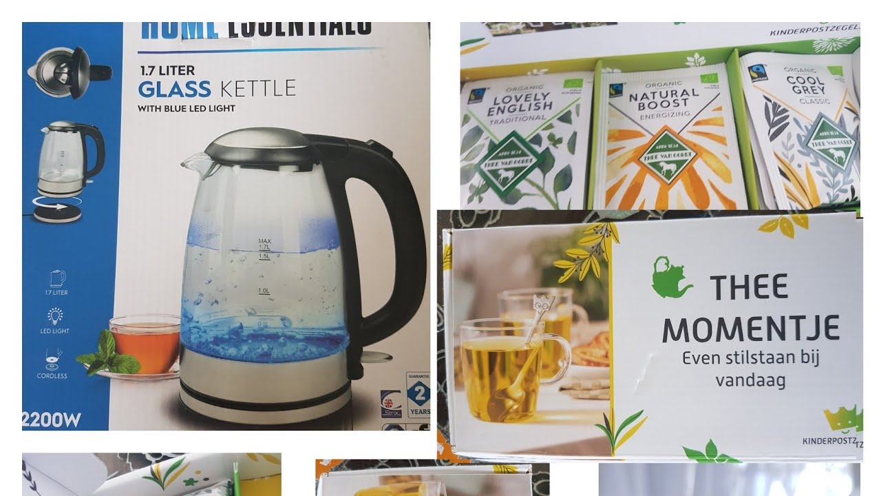 HOME ESSENTIALS 1.7 LITER GLASS KETTLE.THEE MOMENTJE 1.lovely english 2 natural boost 3 coolgrey