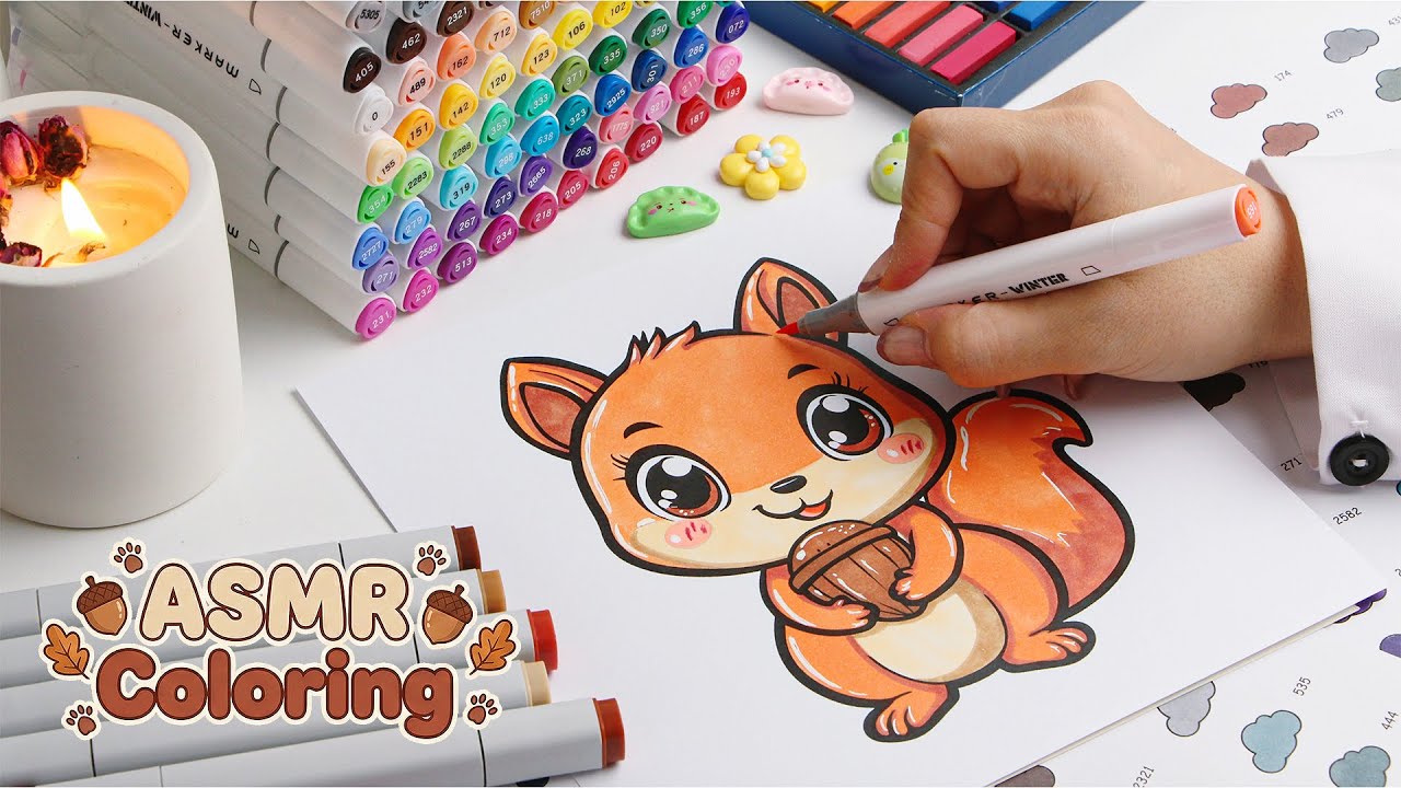 Relaxing ASMR Fluffy Squirrel | Marker Coloring Sounds🐿️🌰🍂