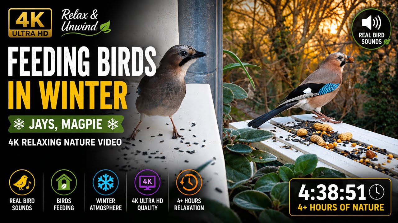 Feeding Birds In Winter | Jays, Tits, Magpie - 4K Relaxing Nature Video & Sounds
