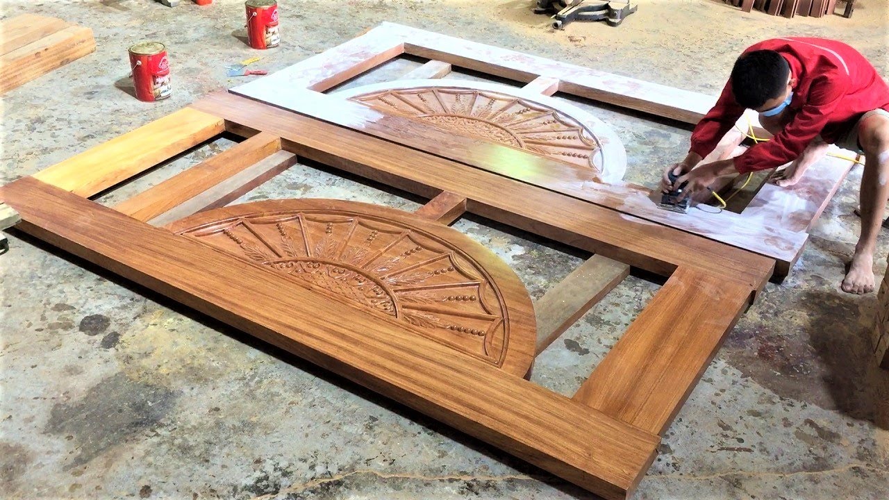 Amazing Techniques & Skills Woodworking // Build Modern Large Front Doors Wooden Beautiful Sculpture