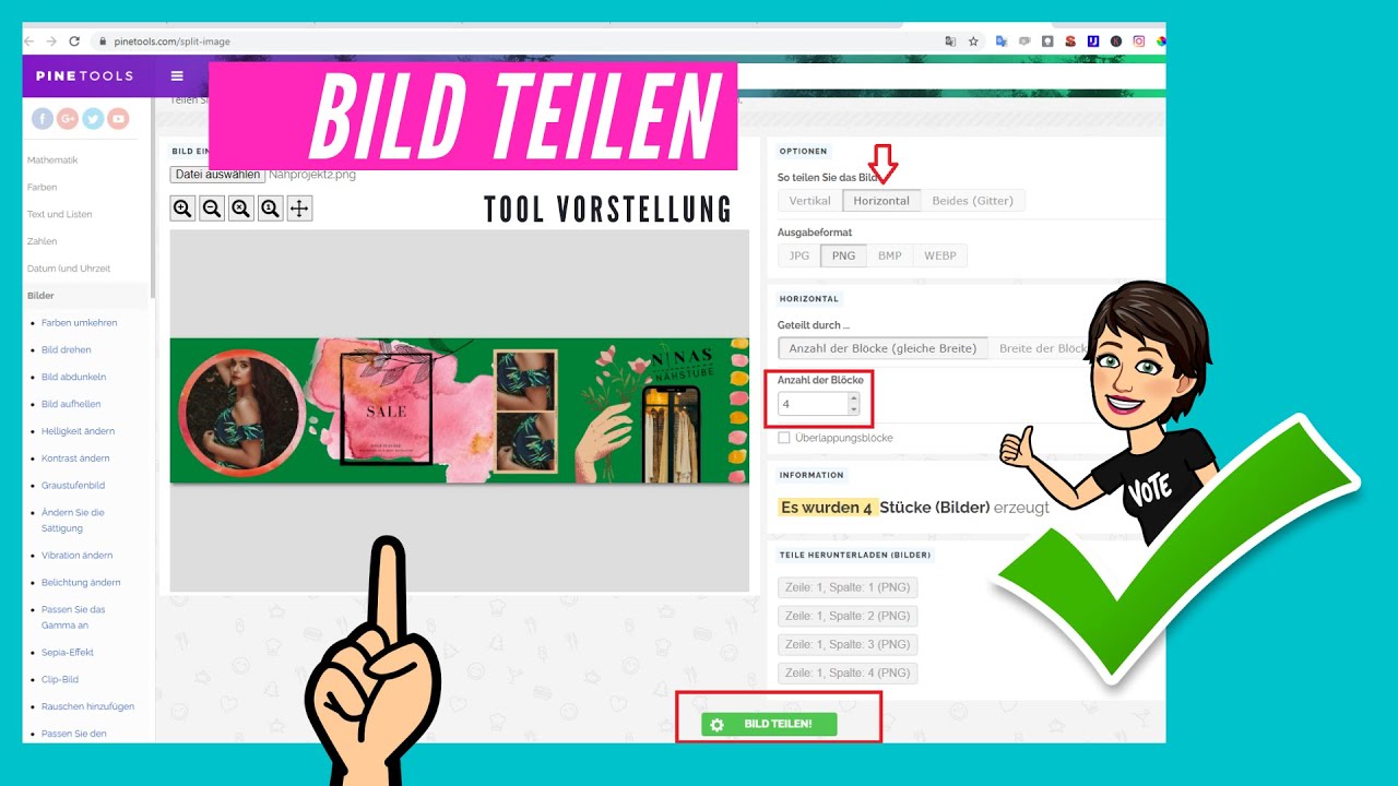 Bild teilen mit dem Tool pinetools   Beispiel ein canvabild teilen in 4 Teile - Bilderkarussell