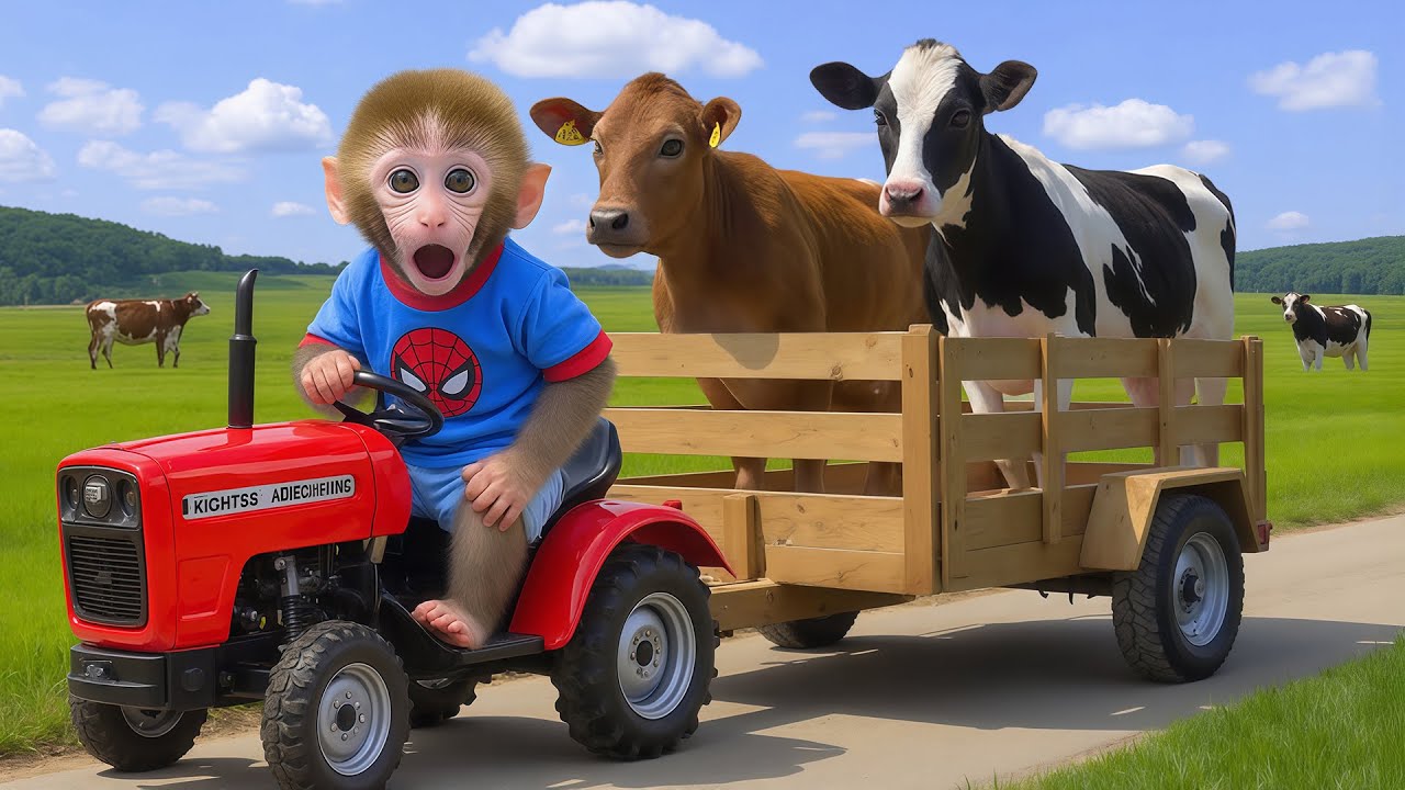 Bebé mono NiNi conduce el tractor para llevar las vacas lecheras a la granja y ordeñarlas