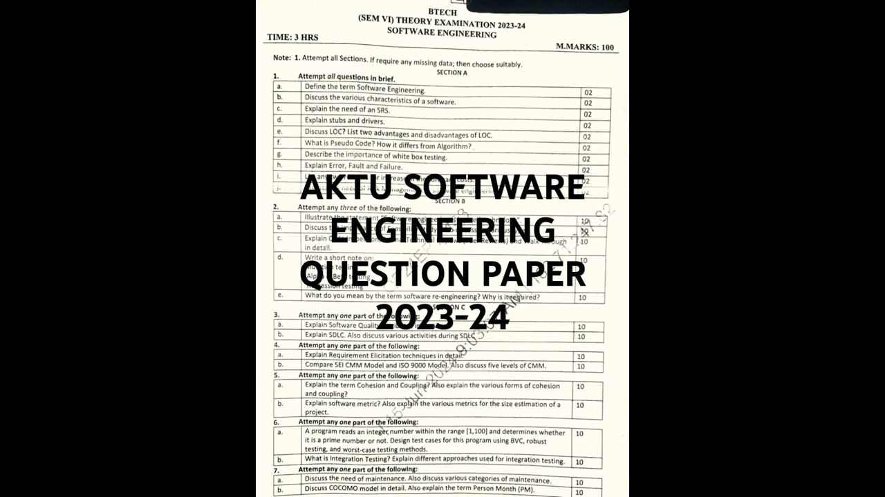 AKTU Software Engineering 2023-24||KCS-601 Question Paper #exam #btech #softwareengineering #aktu