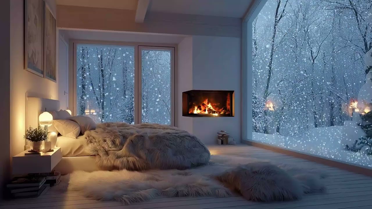 Tranquil Winter Balcony With Soft Piano Melodies And Fireplace Glow For Deep Rest