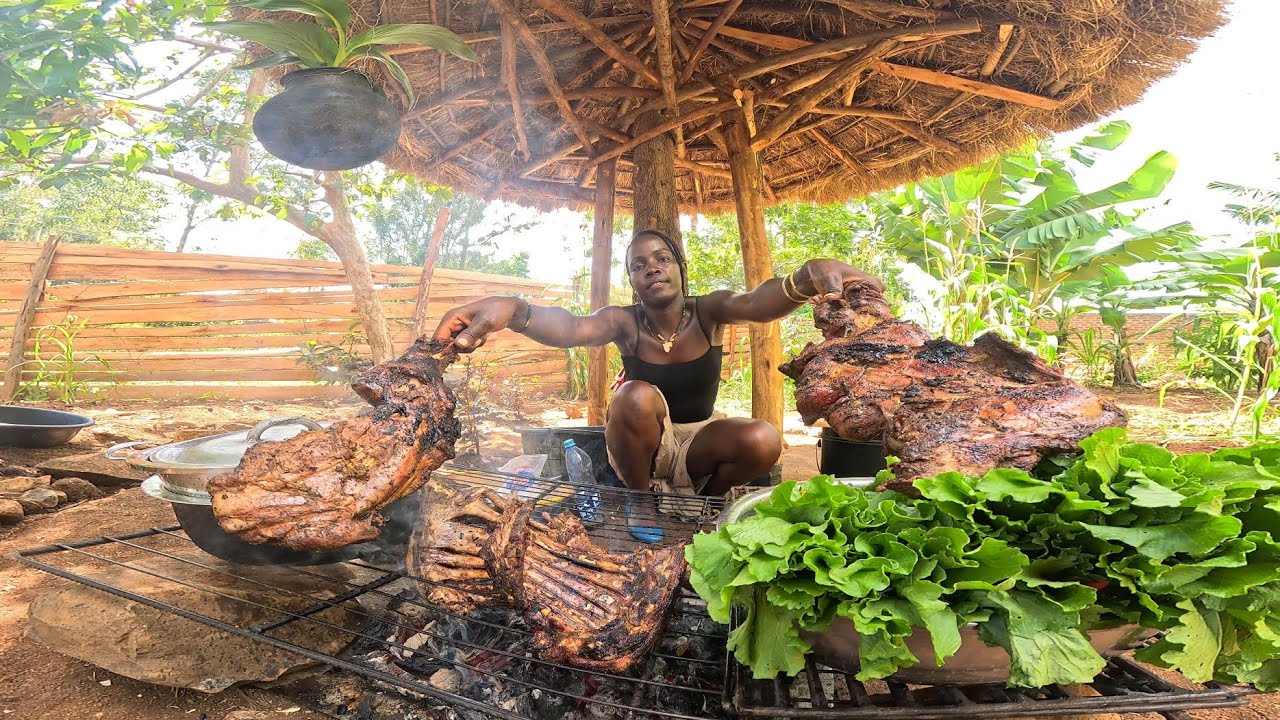 Goat Grilled 🐐 in open Fire For Lunch African Village life