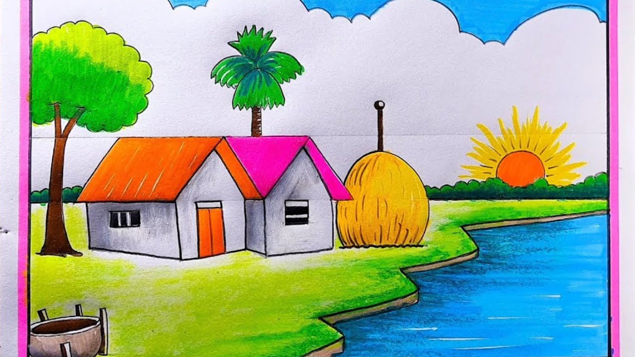 Prakritik drishya aka || How to draw scenery of village / easy scenery drawing for beginners #art 
