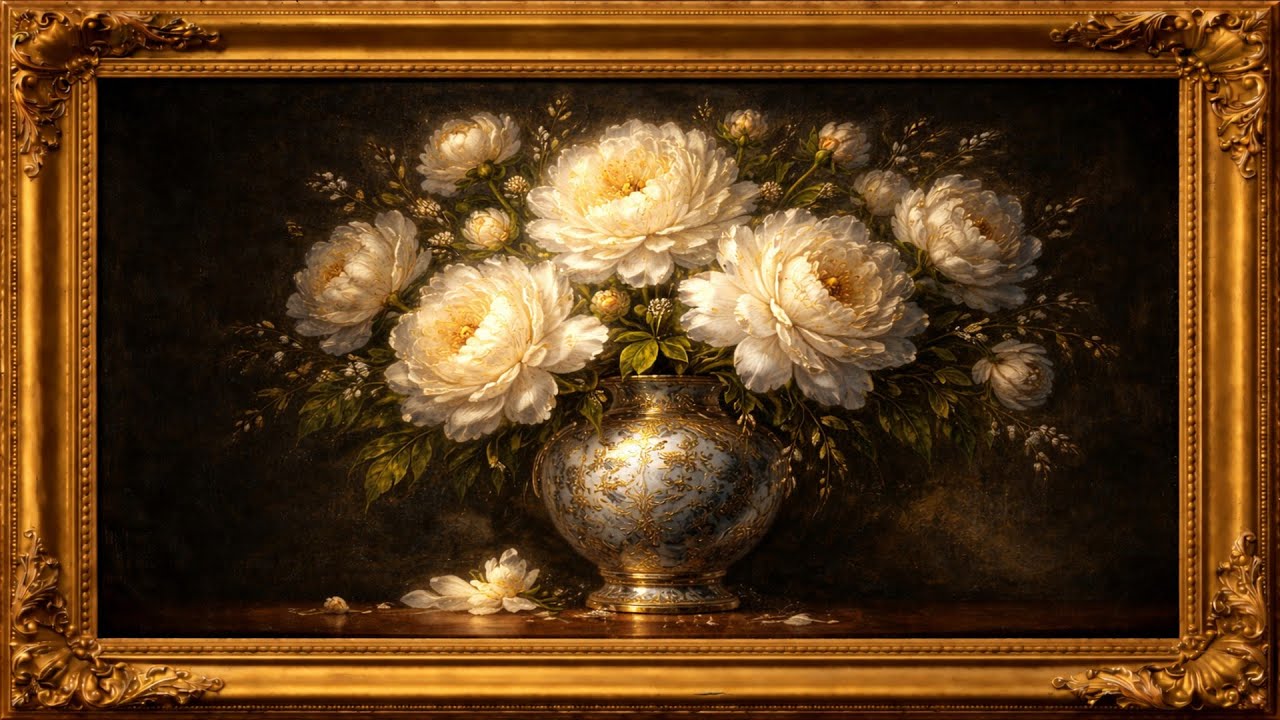 Golden White Roses 🌼 Framed Vintage Floral Art for TV | Romantic Calm Ambience • 4K